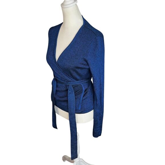 Diane Von Furstenberg DVF Blue Merino Wool Wrap Sweater Knit Top Tie Waist Small - Picture 3 of 6